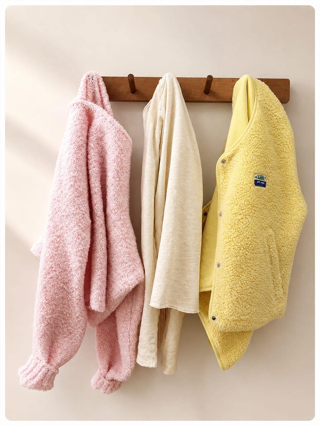 Pièces pastel accrochées aux patères en bois